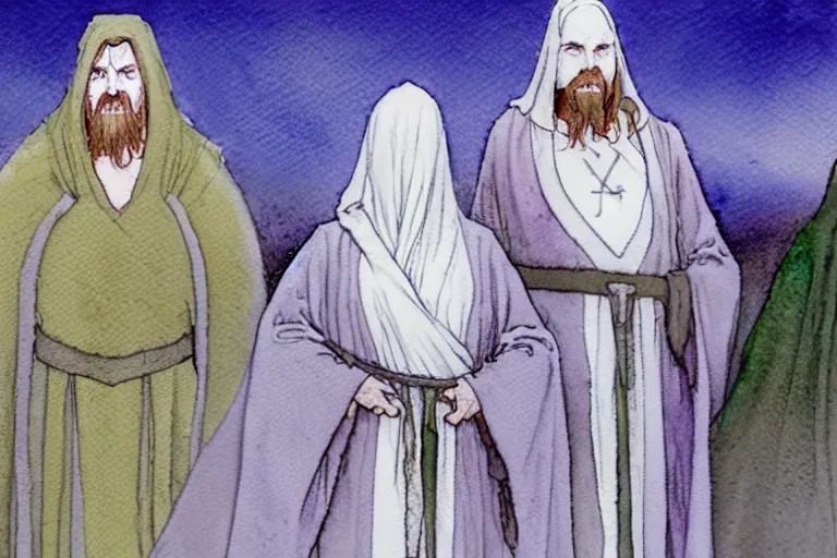 Image similar to a realistic and atmospheric watercolour fantasy character concept art portrait of a three christians wearing robes standing in front of a small fat chibi grey alien. they are emerging from the mist on the moors of ireland at night. a ufo is in the sky. by rebecca guay, michael kaluta, charles vess and jean moebius giraud