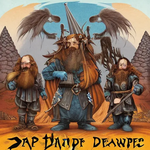 Image similar to album cover for an album of a metal band composed of five fantasy dwarfs, the band is called the sharp dwarves