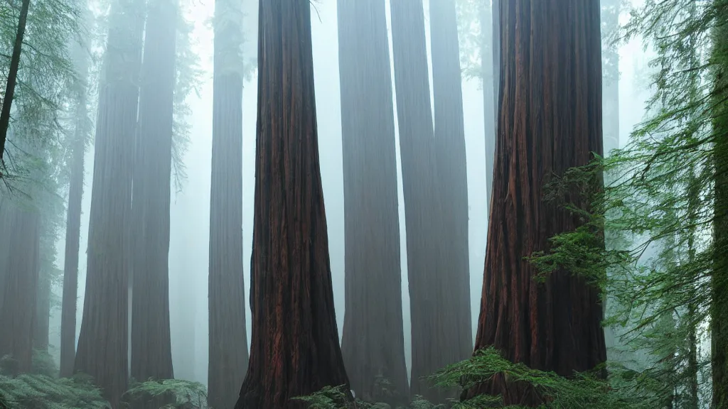 Prompt: redwood forest sequoia very tall trees beautiful concept art misty