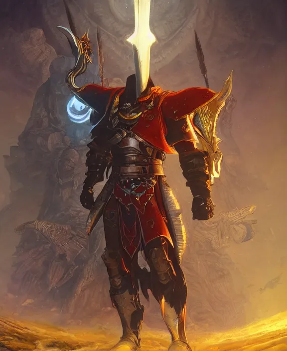 Image similar to final boss warrior, destiny 2, fantasy, man, contrast, highly detailed, digital painting, artstation, concept art, wallpaper, smooth, sharp focus, illustration, illumination, art by larry elmore, jeff easley, clyde waldwell, keith parkinson, daniel r horne