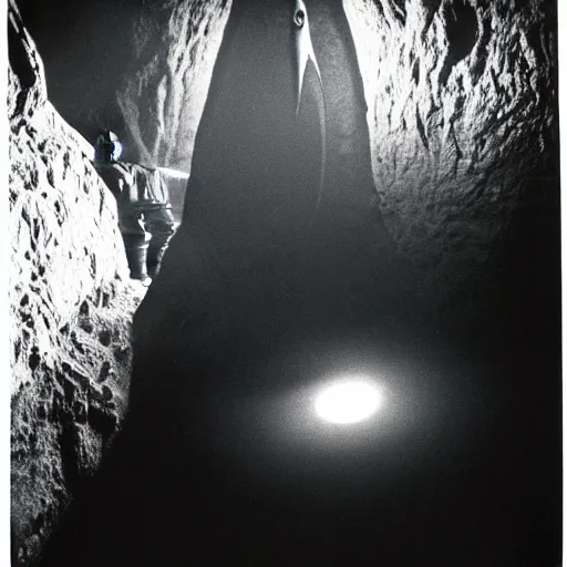 Image similar to a close - up, black & white studio photographic portrait of a loud screeching giant, bat - like creature flying towards you, you are exploring an alien planet and come across a strange, dark cave, dramatic backlighting, 1 9 7 3 photo from life magazine, by keith thompson,