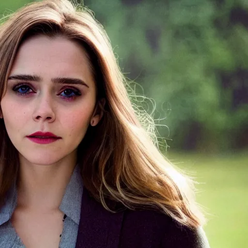 Prompt: a woman who is a genetic combination of elizabeth olsen and emma watson face and upper - body focus