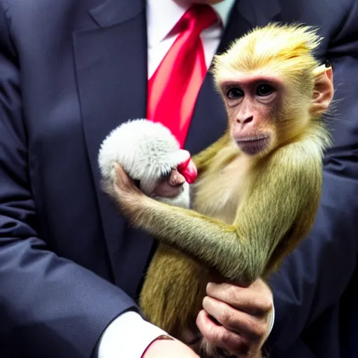 Prompt: Donald Trump holding a monkey in his hand
