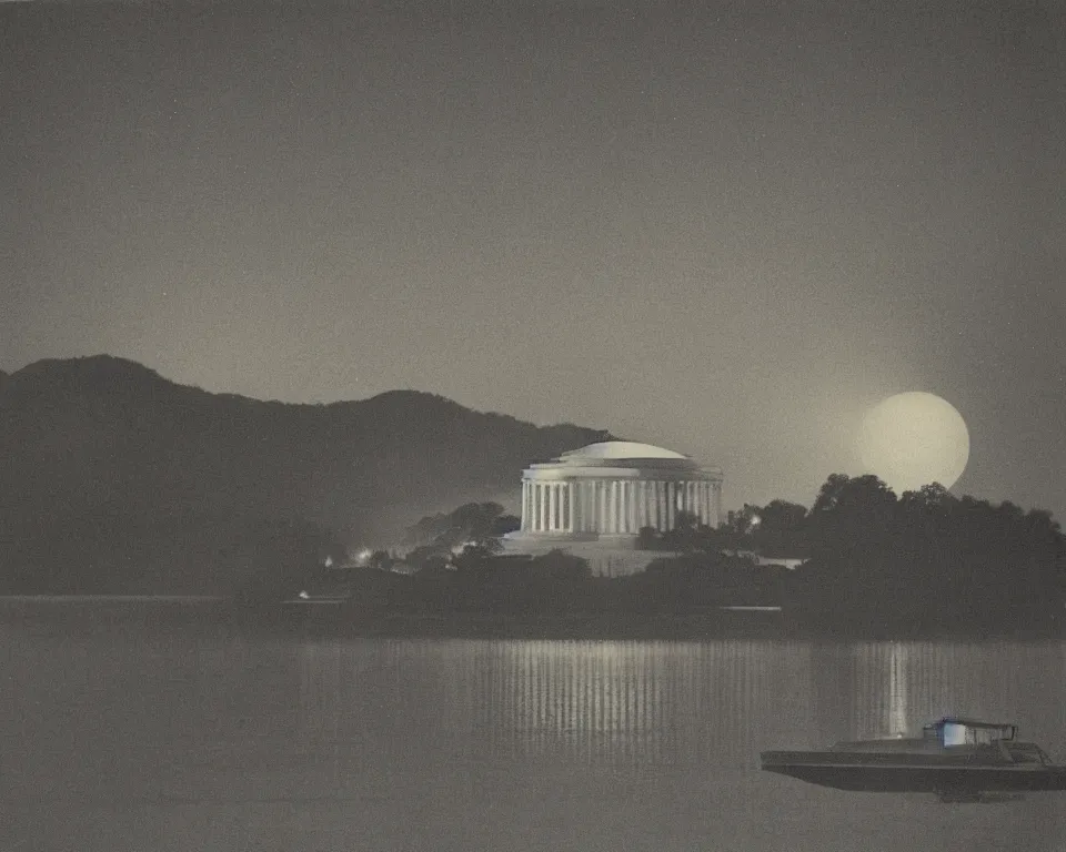 Image similar to beautiful print of the Jefferson Memorial bathed in moonlight by Hasui Kawase and Lyonel Feininger.