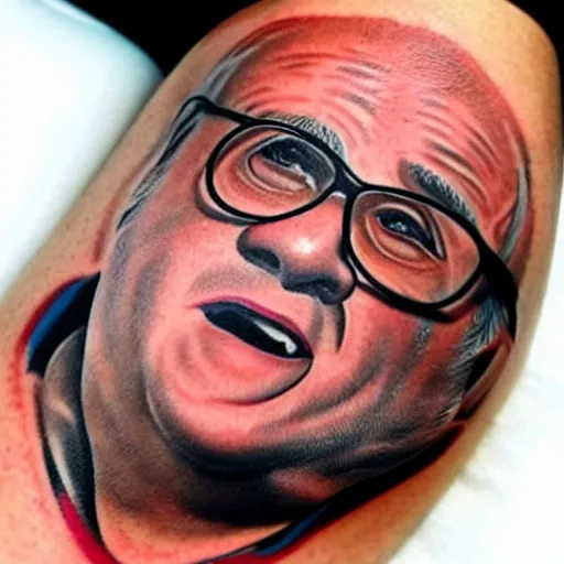 Image similar to tattoo of danny devito on leg