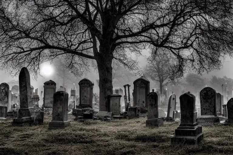 Image similar to spooky graveyard, broken tombstones, marble crypt, zombie hand bursting out of the ground, foggy moonlit night, dark soil, overgrown trees, gothic architecture, rusted iron fencing, high resolution photograph, faded colors, deviantart