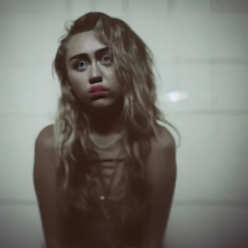 Prompt: Miley Cyrus in a dark room, movie still, photography, DSLR 35mm, low light photography, sadness