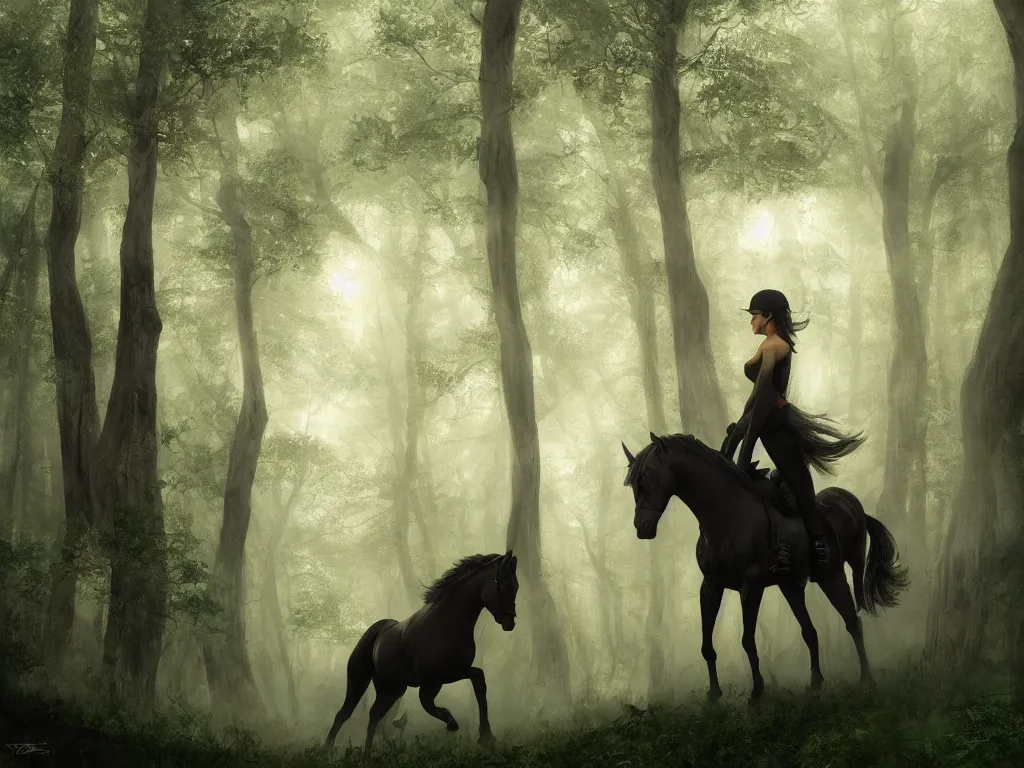 Image similar to a female beauty wearing a red cap rides through a dense green oak and beech forrest on a strong black horse, rays of life, cinematic, fantasy art, moody evening light, foggy, trending on artstation, by naoto hatori, by tyler jacobson