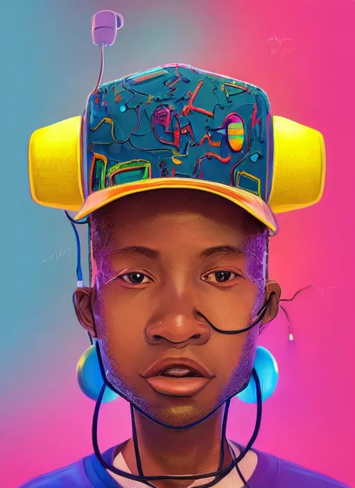 Prompt: colourful caricature - vfx art - portrait of a nigerian boy wearing a baseball cap with wires and computer chips dangling from inside, art style by james jean & hsiao - ron cheng, character concept art, digital illustration, colourful, sharp, intricate detail, volumetric light, ray tracing, symmetric, unreal engine render, behance, artstation, pinterest,