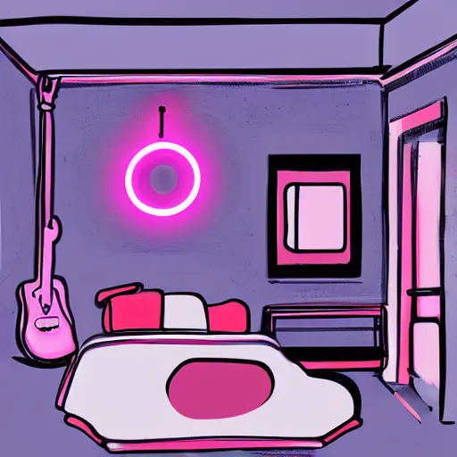 Image similar to a neon lofi bedroom, digital art