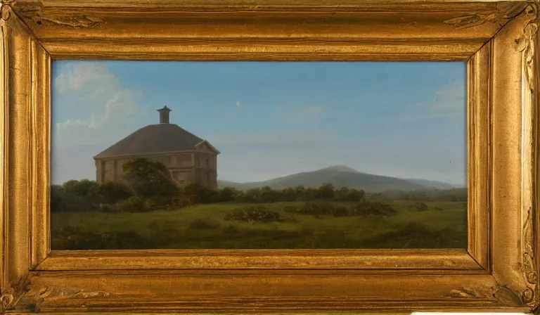 Prompt: A serene landscape with a singular building in the style of Frederic Edwin Church.