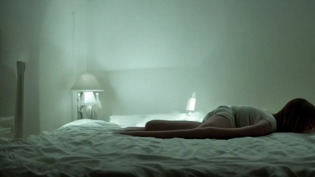 Image similar to movie still of girl having sleep paralysis, cinematic composition, cinematic light, criterion collection, by david lynch and emmanuel lubezki