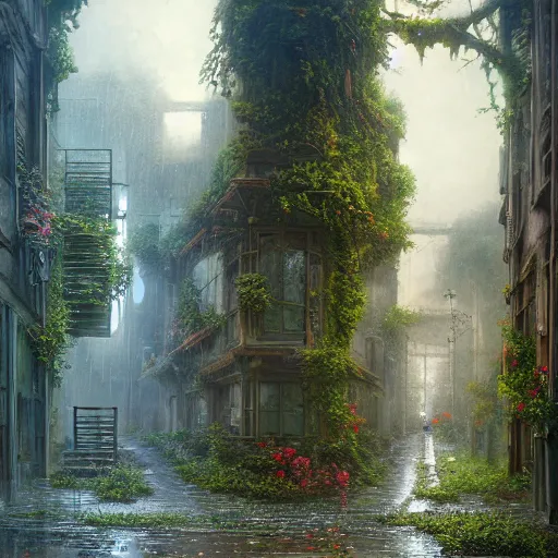 Prompt: the streets of an abandoned crumbling city overgrown by flowers and vines by tyler edlin, jean delville, john aktinson grimshaw, robert hubert, english romanticism style, oil on canvas, cinematic lighting, vibrant, hdr, concept art, rain reflections