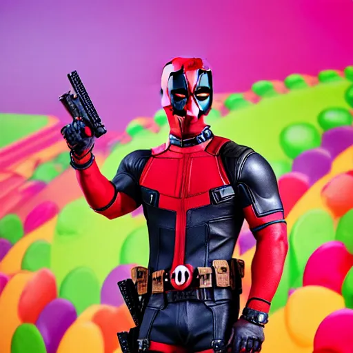 Image similar to deadpool in candyland, 8 k photography