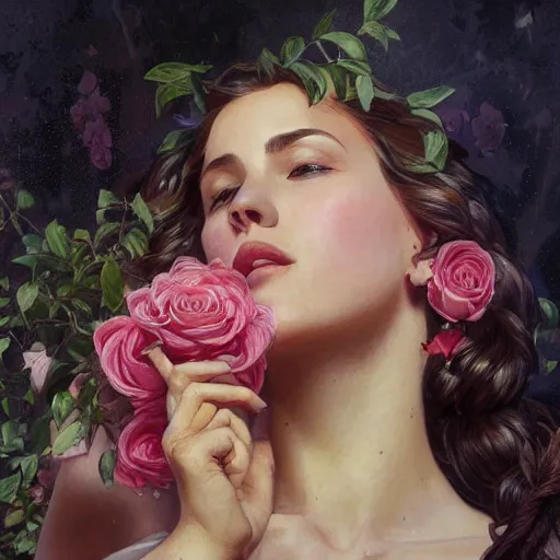 Image similar to woman smelling a flower, roses everywhere, highly detailed, digital painting, artstation, concept art, smooth, sharp focus, illustration, art by artgerm and greg rutkowski and alphonse mucha