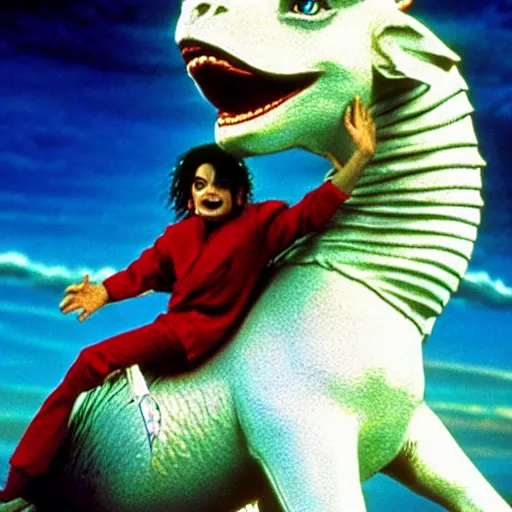 Prompt: Michael Jackson riding on top of Falkor the luck dragon from the film The Neverending Story