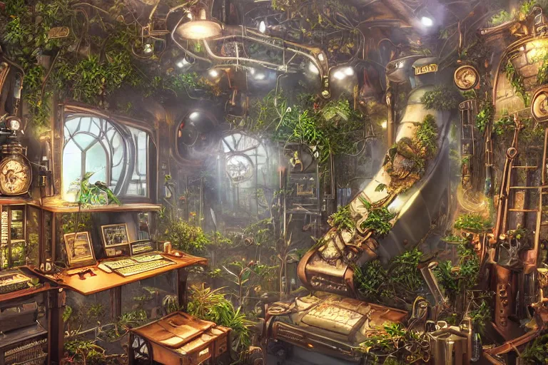 Prompt: very tidy steampunk home office overseeing a magical portal, lush plants, machines, synthesizer, beautifully lit, very detailed painting, hyperrealism, trending on artstation