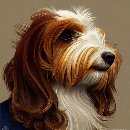 Image similar to beautiful detailed picture of a havanese with white and brown hair, radiant light, art nouveau, intricate, elegant, highly detailed, my rendition, digital painting, artstation, concept art, smooth, sharp focus, illustration, art by artgerm and greg rutkowski and alphonse mucha