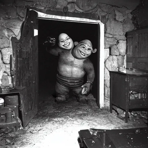 Image similar to old photo of Shrek hidden in a dark basement