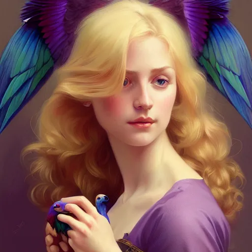 Prompt: portrait of a young blonde girl with a dark purple parrot, upper body, long hair, intricate, elegant, highly detailed, digital painting, artstation, concept art, matte, sharp focus, illustration, art by artgerm and greg rutkowski and alphonse mucha