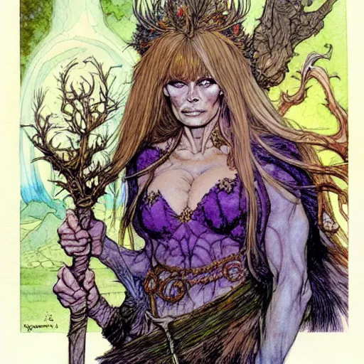 Image similar to a realistic and atmospheric watercolour fantasy character concept art portrait of brigitte bardot as a druidic warrior wizard looking at the camera with an intelligent gaze by rebecca guay, michael kaluta, charles vess and jean moebius giraud