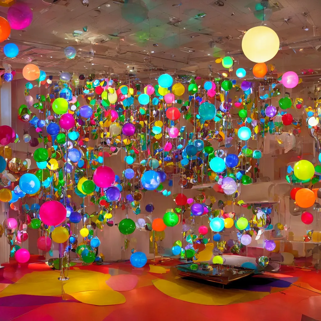 Image similar to floating glowing bulbous chrome sculpture in the middle of a colorful room in the 60's, Wes Anderson