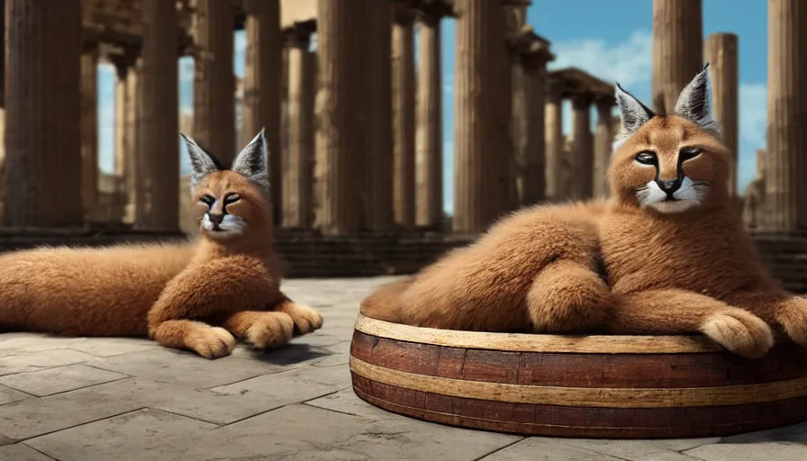 Image similar to longshot photo of cute fluffy caracal lying in wooden barrel lying on one side, ancient greek city, marble columns, sunny day, by ilya kuvshinov, rtx rendering, octane render 1 2 8 k, maya, extreme high intricate details by tom bagshaw, medium shot, close up shot, composition by sana takeda, lighting by greg rutkowski