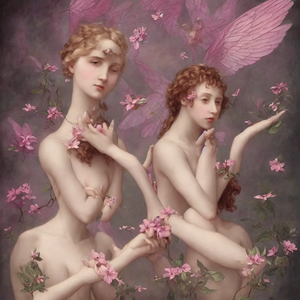 Prompt: one pink fairy with large beautiful wings exploring her lonely flower garden by herself in the style of tom bagshaw, william bouguereau, michelangelo, extremely detailed, muted colors, symmetrical face, large eyes, beautiful face