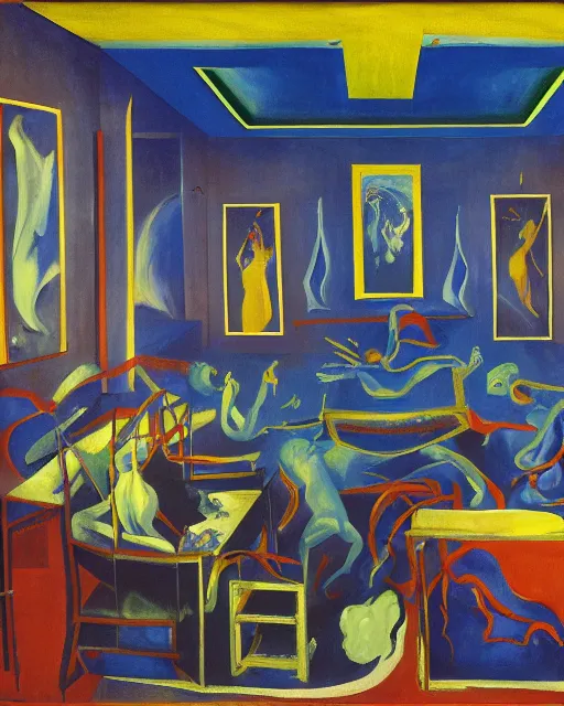 Image similar to blue people and a dark figure seated on a throne with clouds at red and yellow art deco interior room in the styleof Francis Bacon and Chaïm Soutine, open ceiling, highly detailed, painted by Francis Bacon and Edward Hopper, painted by James Gilleard, surrealism, airbrush, art by JamesJean