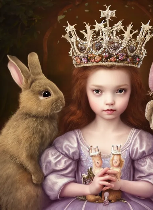 Image similar to highly detailed closeup portrait of a fairytale medieval princess wearing a crown and sitting on a throne, surrounded by cute bunnies, unreal engine, nicoletta ceccoli, mark ryden, earl norem, lostfish, global illumination, god rays, detailed and intricate environment