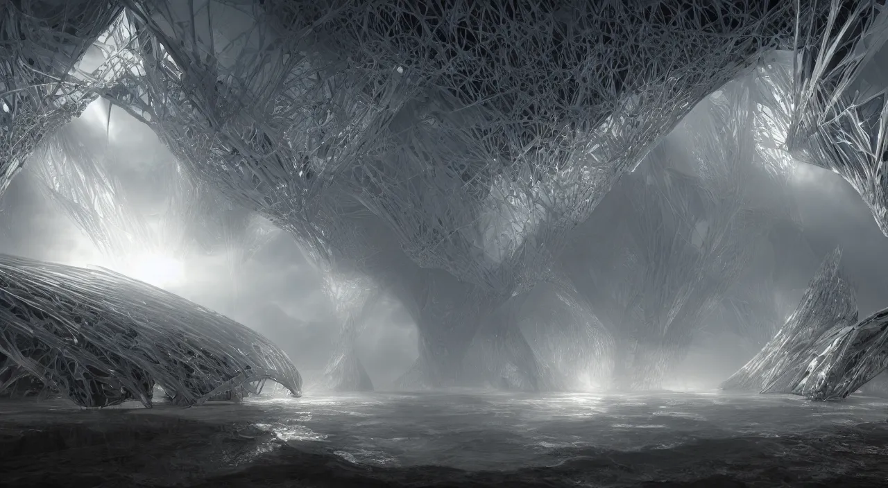 Image similar to a parametric tectonic biological crystallographic lattic bridging megastructure cathedral, by glenn small, by albert bierstadt, photorealistic, zaha hadid, god rays, volumetric lighting, detailed, extremely intricate, raytrace, octane, light fog, keyshot