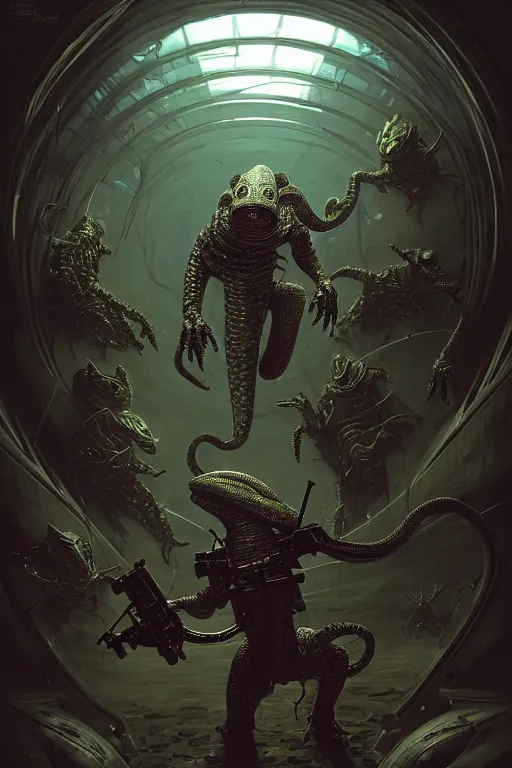 Prompt: Sci-Fi Lizard alien, armored, art by Kashin, Wadim, Martinière, Stephan, Gonzalez, Josan, holding rifle, sharp focus, pitch black Spaceship hallway background, by Andrei Riabovitchev, Shaun Tan, Peter Mohrbacher and Takayuk, cinematic, realistic, intricate detail, finely detailed, small details, extra detail, photorealistic, high resolution, 3D, PBR, path tracing, volumetric lighting, octane render, arnold render, 8k