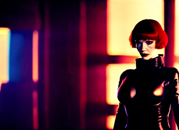 Image similar to filmstill of christina hendricks in bladerunner wearing a cyberpunk costume, 1 0 0 mm lens, canon eos, red cinema camera, frontal view, dynamic pose, intricate, elegant, highly detailed, centered, redshift, octane, smooth, sharp focus, zeiss lens,