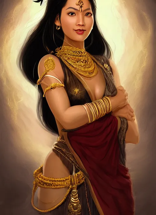 Prompt: portrait of a nepalese female sorceress, looking at camera, D&D, white dress with gold adornments, medium black hair with a red tint, intricate, elegant, stylish, cute smile, fantasy, extremely detailed, digital painting, artstation, concept art, smooth, sharp focus, illustration, ambient lighting, incredible artwork by gerald brom + bruce pennington + keith parkinson + tom white