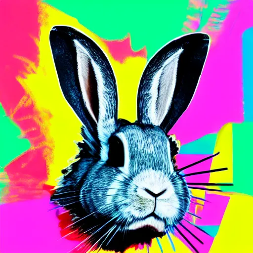 Image similar to a rabbit wearing a vr hmd in the style of andy warhol