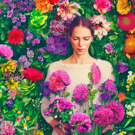 Image similar to a woman standing in a garden of flowers, a jigsaw puzzle, photograph by christen dalsgaard, featured on behance, maximalism, rich color palette, maximalist, vivid color