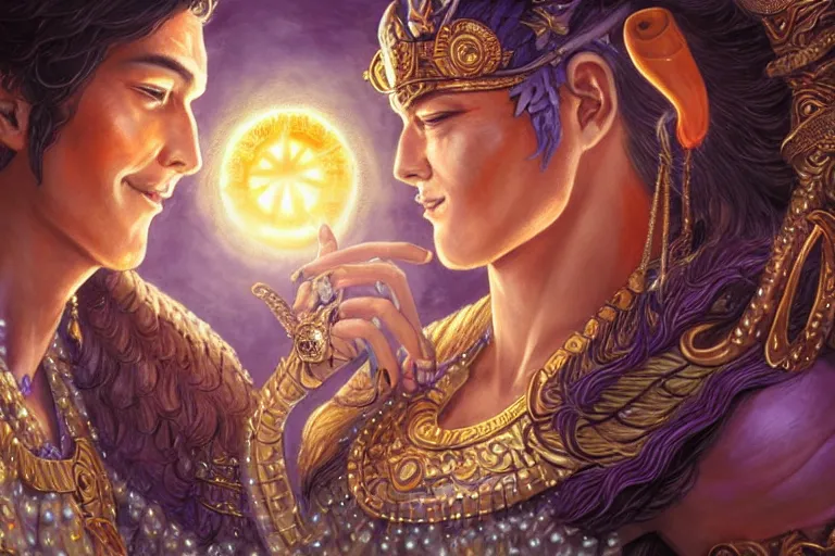 Image similar to close up moment of a divine a sun god and a moon goddess lovers magician at a wedding banquet, highly detailed, d & d, fantasy, highly detailed, digital painting, trending on artstation, concept art, sharp focus, illustration, art by artgerm and greg rutkowski and magali villeneuve