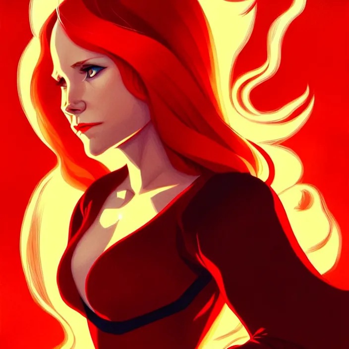 Image similar to style artgerm, joshua middleton, beautiful kristen bell with dark red dress, very long orange hair, symmetrical face, symmetrical eyes, fire powers fire swirling, detailed, volcano setting, cinematic lighting