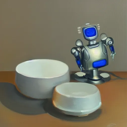 Image similar to a robot soup bowl, oil painting, pale colors, high detail, 8 k, wide angle, trending on artstation,