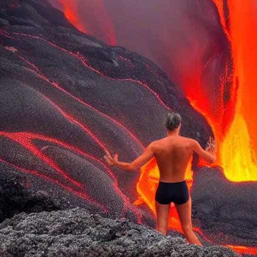Image similar to man in a swimsuit blending with flowing lava on a volcano with magma eruptions