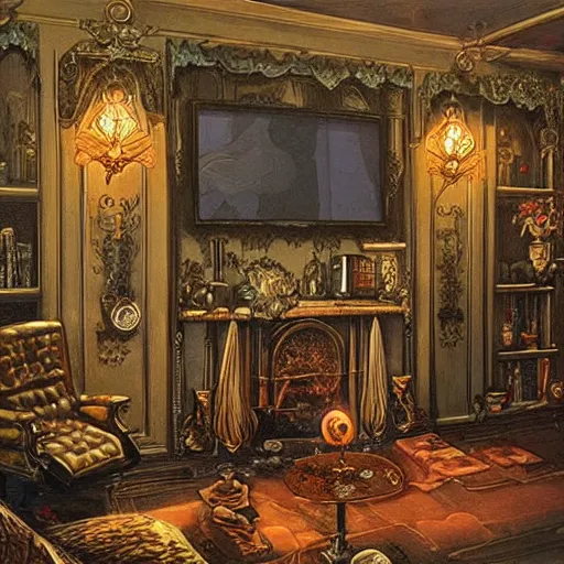 Image similar to intricate detailed victorian goth interior of a vintage 1 9 7 0 s living room with wooden tv by peter mohrbacher and dan mumford, cgsociety