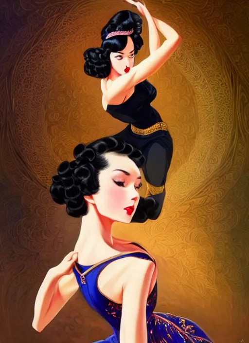 Image similar to a beautiful dancer with black hair in 1940's fashion, ballroom background, intricate, highly detailed, digital painting, artstation, official media, anime key visual, concept art, rich vivid colors, ambient lighting, sharp focus, illustration, art by Artgerm, Makoto Shinkai, Ilya Kuvshinov, Lois Van Baarle, and Rossdraws