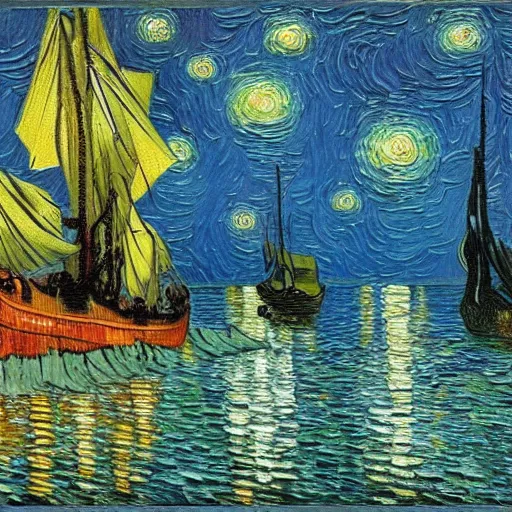 Image similar to oil painting of a flooded ship interior, light scatter, van gogh