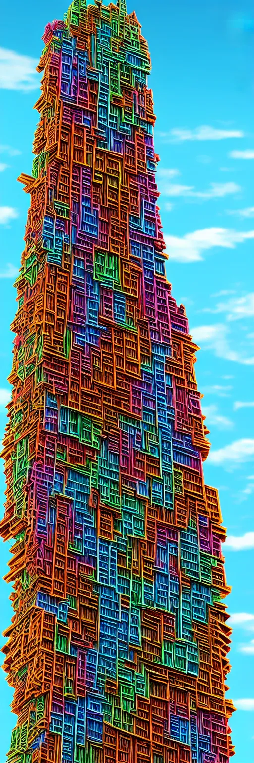 Prompt: A realistic detailed photo of a skyscraper made of carved wood, colorful, vibrant, strangely mutated, 8k, super detailed, hyperrealistic, cinematic,