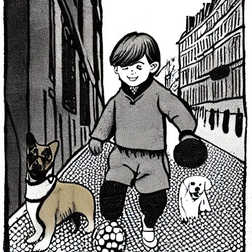 Image similar to illustration of french boy on the streets of paris playing football against a corgi, the dog is wearing a polka dot scarf, comic, 1 9 7 2