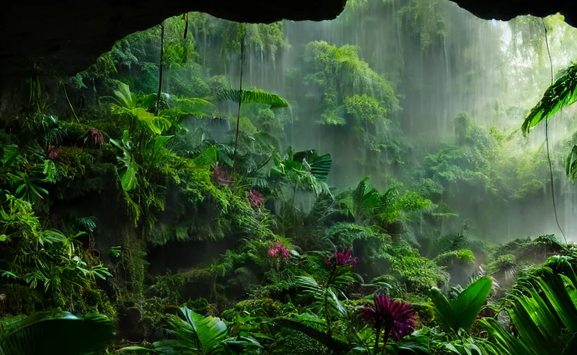 Prompt: a beautiful render of a dark prehistoric rainforest in a humongous cave, lush flora, patches of sky, magenta, green, sunset, floating mountains and a waterfall in the background, intricate detail, hazy, humid, volumetric lighting, 8 k, photorealistic, raytracing effects, unreal engine 5