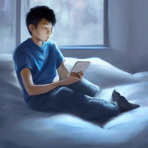 Prompt: beautiful detailed!!!!!! digital painting of a short asian teenager with short hair sitting in a bean bag and playing on his phone in his dark!!! dimly - lit blue messy room, stunning digital painting, top digital painting, expressive character design, 4 k quality, highly detailed, smooth, sharp focus, clear, trending on artstation