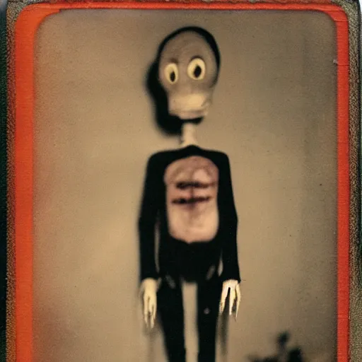 Image similar to creepy marionette puppet, horror, pediophobia, lost photograph, forgotten, final photo found before disaster, polaroid,