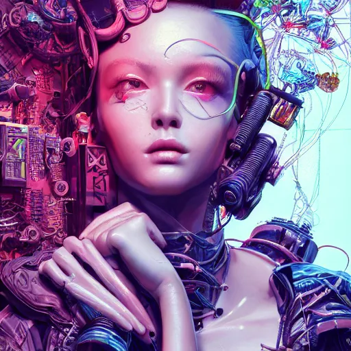 Image similar to the portrait of an absurdly beautiful, graceful, elegant, sophisticated, fashionable cyberpunk gravure idol, an ultrafine hyperdetailed illustration by kim jung gi, irakli nadar, intricate linework, bright colors, porcelain skin, unreal engine 5 highly rendered, global illumination, radiant light, detailed and intricate environment