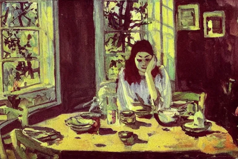 Image similar to a beautiful sad girl is sitting at the table, huge nuclear explosion is in the window, painting in style of Valentin Serov,